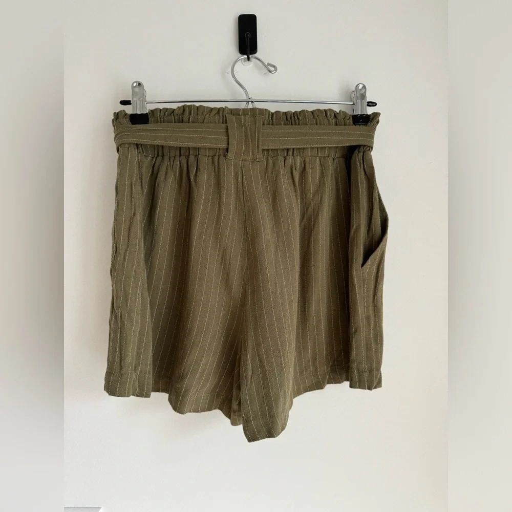NEW HEM & THREAD Small Green Stripe‎ Linen Blend Shorts Elastic High Waist